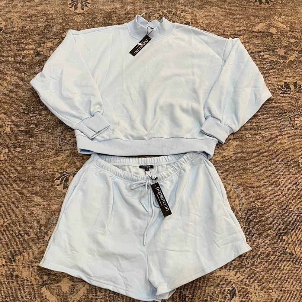 Papermoon Blue 2 Piece Set Cropped Sweatshirt Shorts Loungewear Womens M NWT